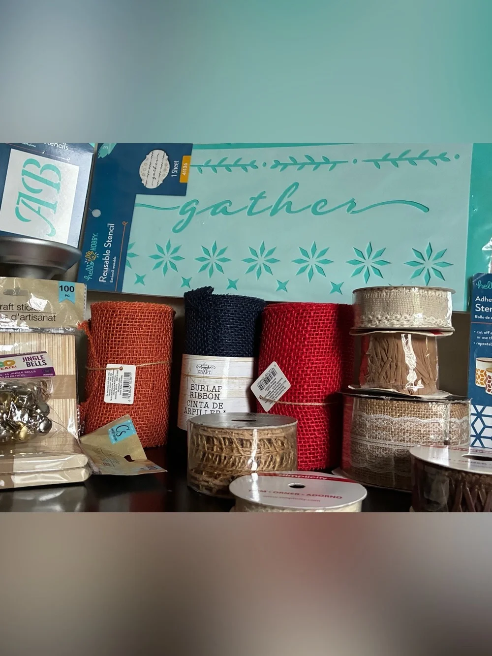 NWT Assorted Craft Bundle Set: Burlap/Ribbons/Stencils/Craft Sticks/Jingle Bells
